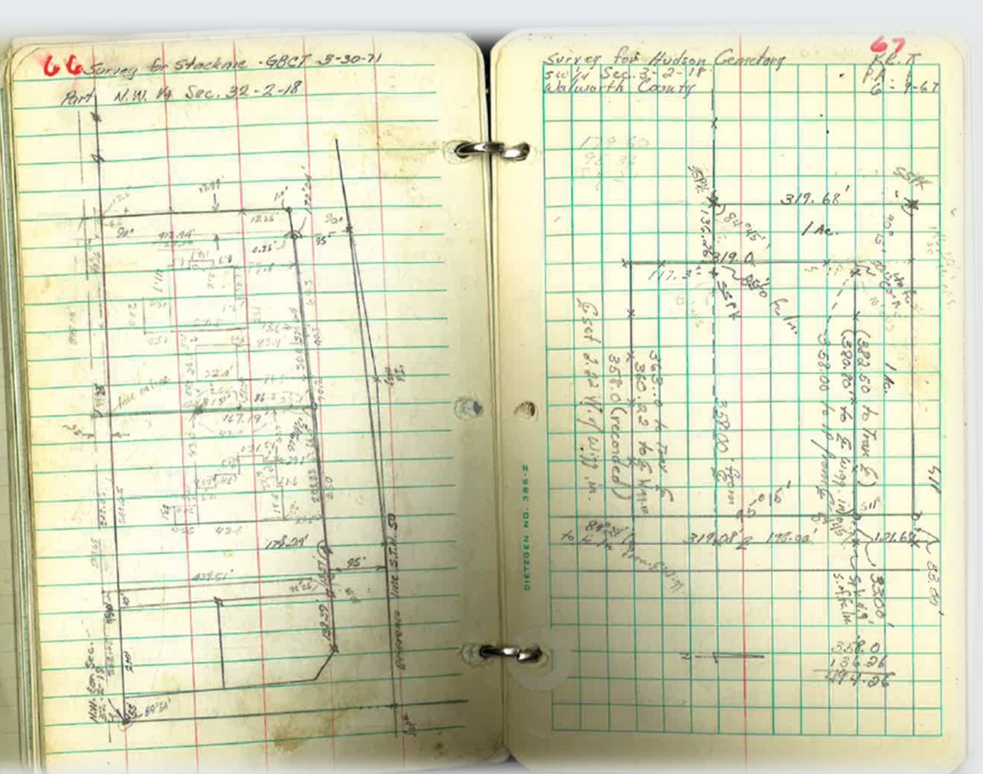 Original survey field book from the Kolb files, with hand-drawn 1960s and 1970s survey notes for Walworth County parcels