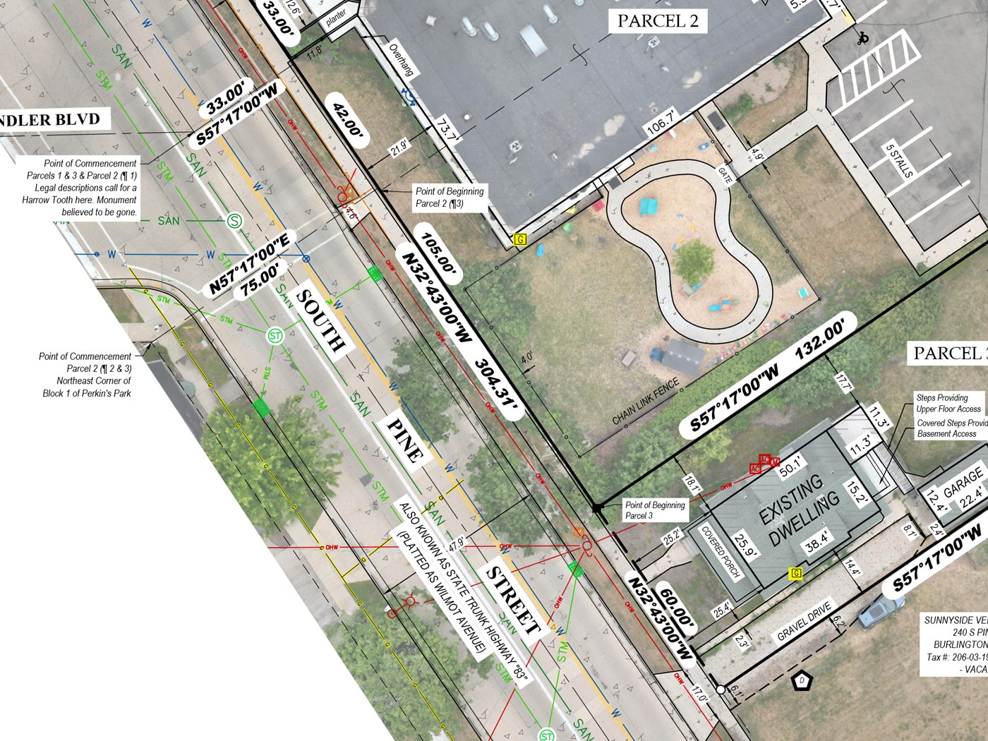 ALTA survey linework over aerial imagery for the S. Pine Street parcels in Burlington
