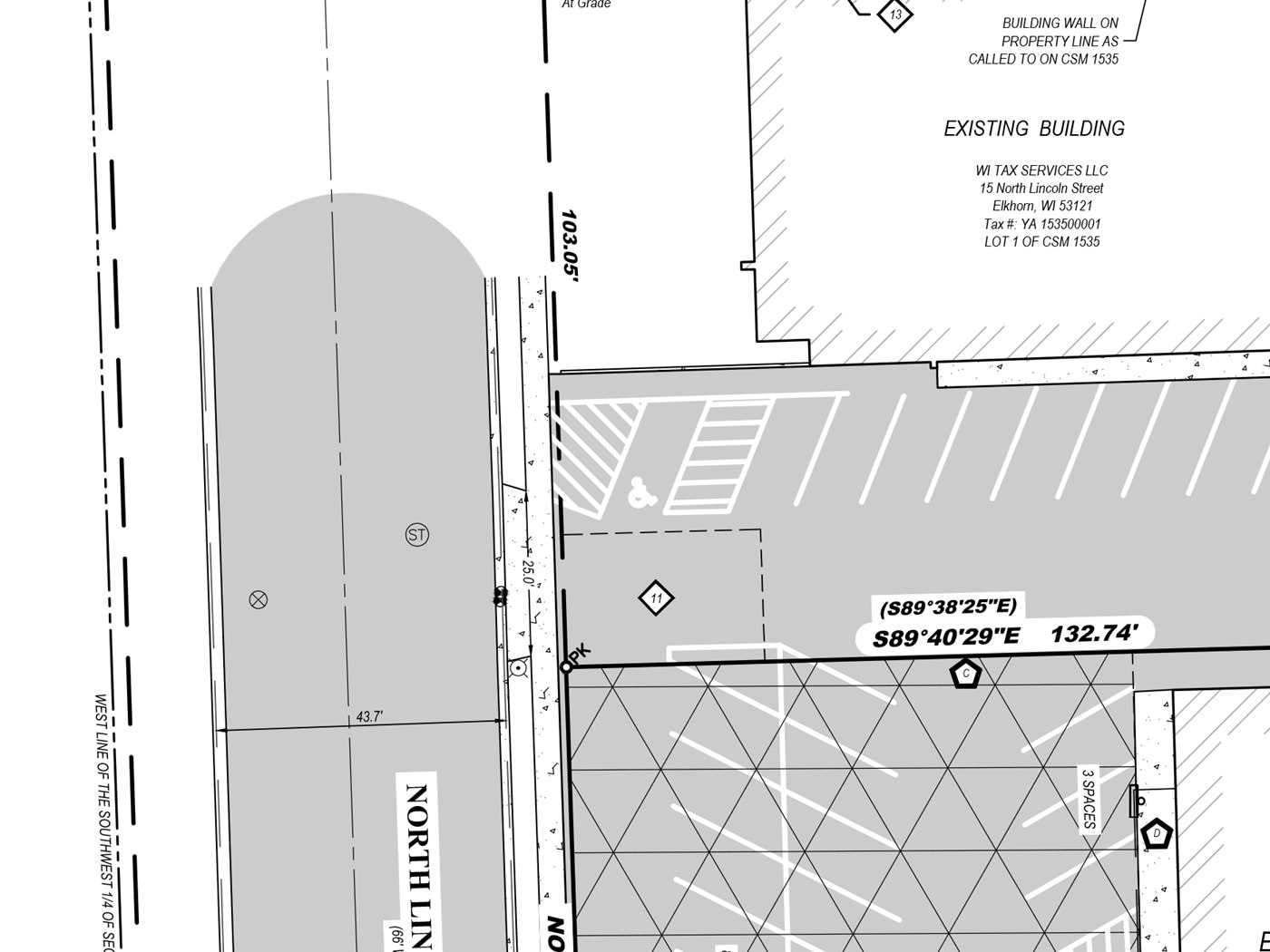 ALTA/NSPS Land Title Survey detail for the North Lincoln Street property in downtown Elkhorn