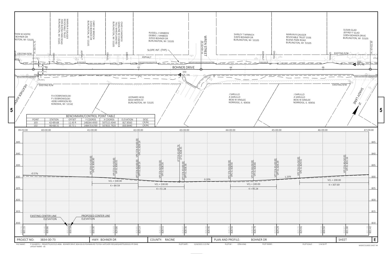 Plan and profile sheet from the Bohner Drive rehabilitation design