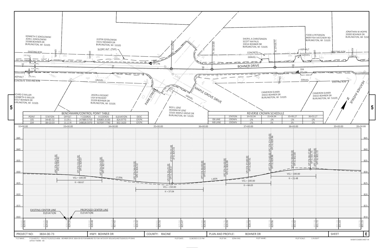 Sheet from the WisDOT 30 percent plan set for Bohner Drive