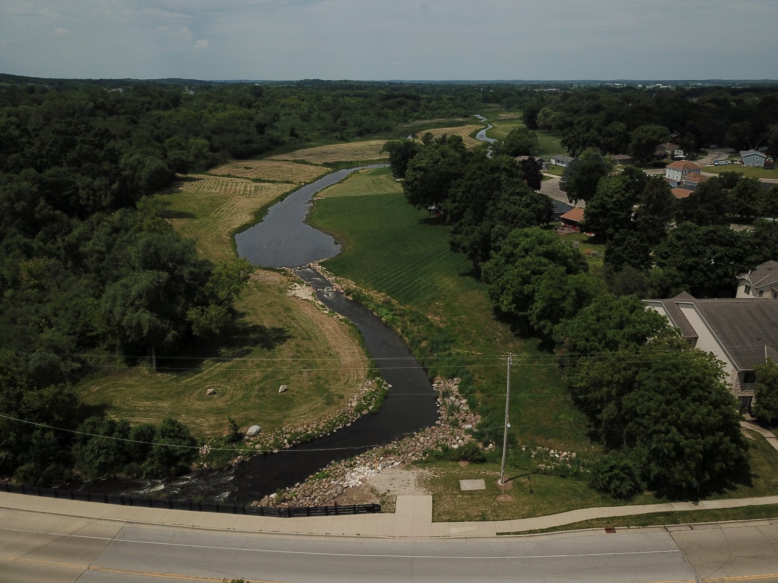 Aerial view of the restored, free-flowing Honey Creek corridor after dam removal