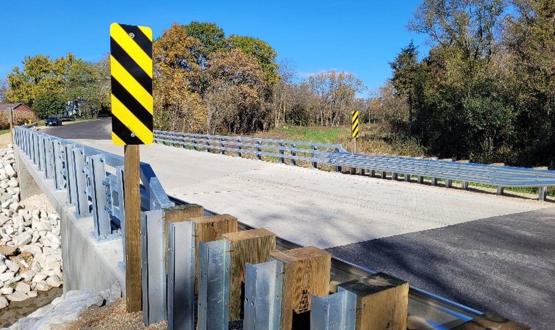 New bridge deck, railing, and approach guardrail on Mt. Tom Road