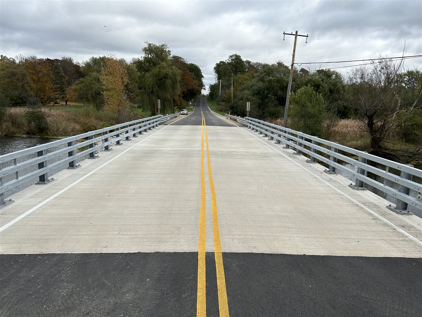 New concrete deck and guardrails on the completed Spring Prairie Road bridge