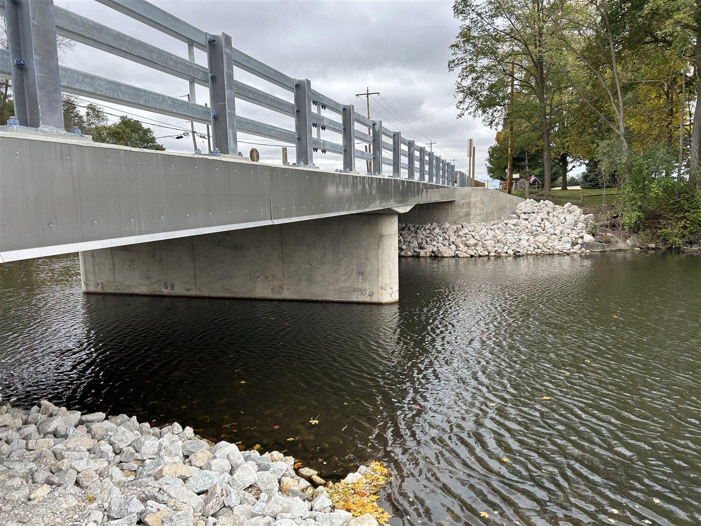 Girders, center pier, and new riprap beneath the Spring Prairie Road bridge