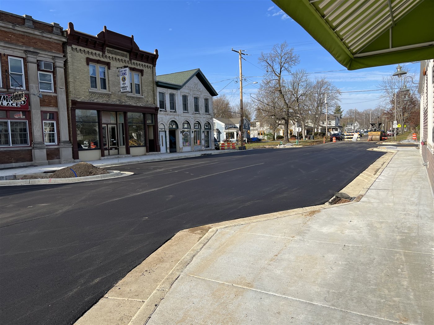 Fresh asphalt on the reconstructed street through historic downtown East Troy