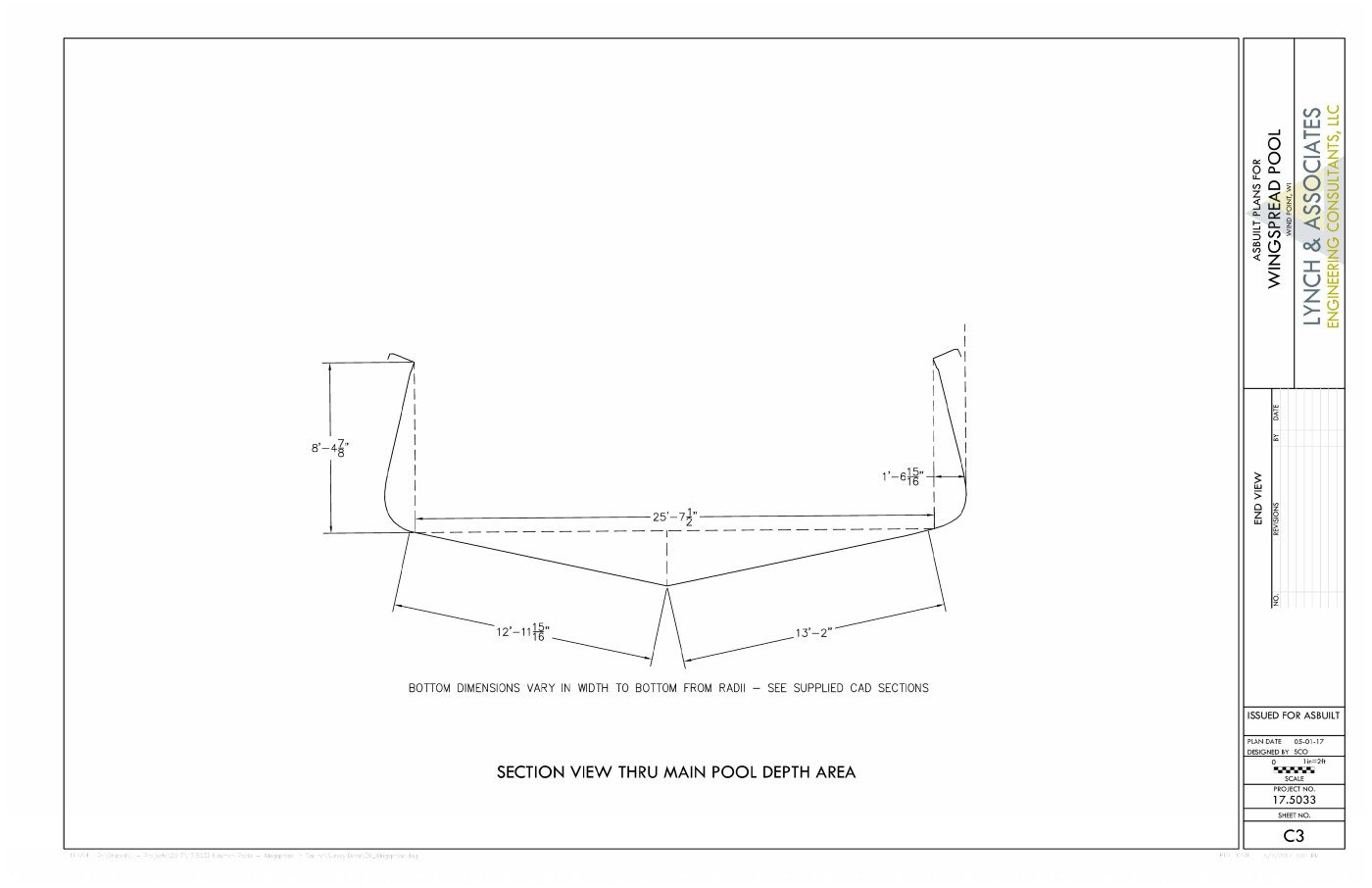As-built section sheet: the hull-shaped pool cross-section, wider at the bottom than the top