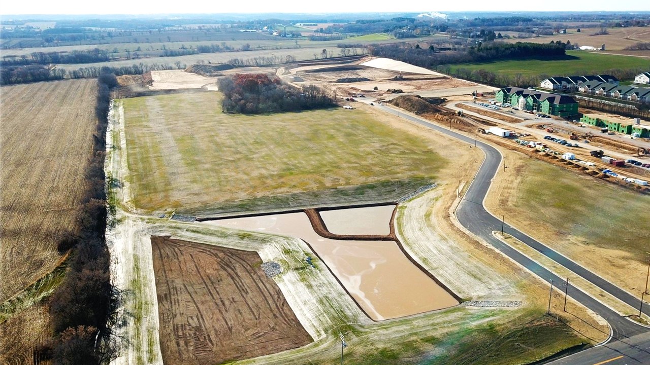 Aerial of East Troy Business Park showing South Executive Drive improvements and stormwater basins