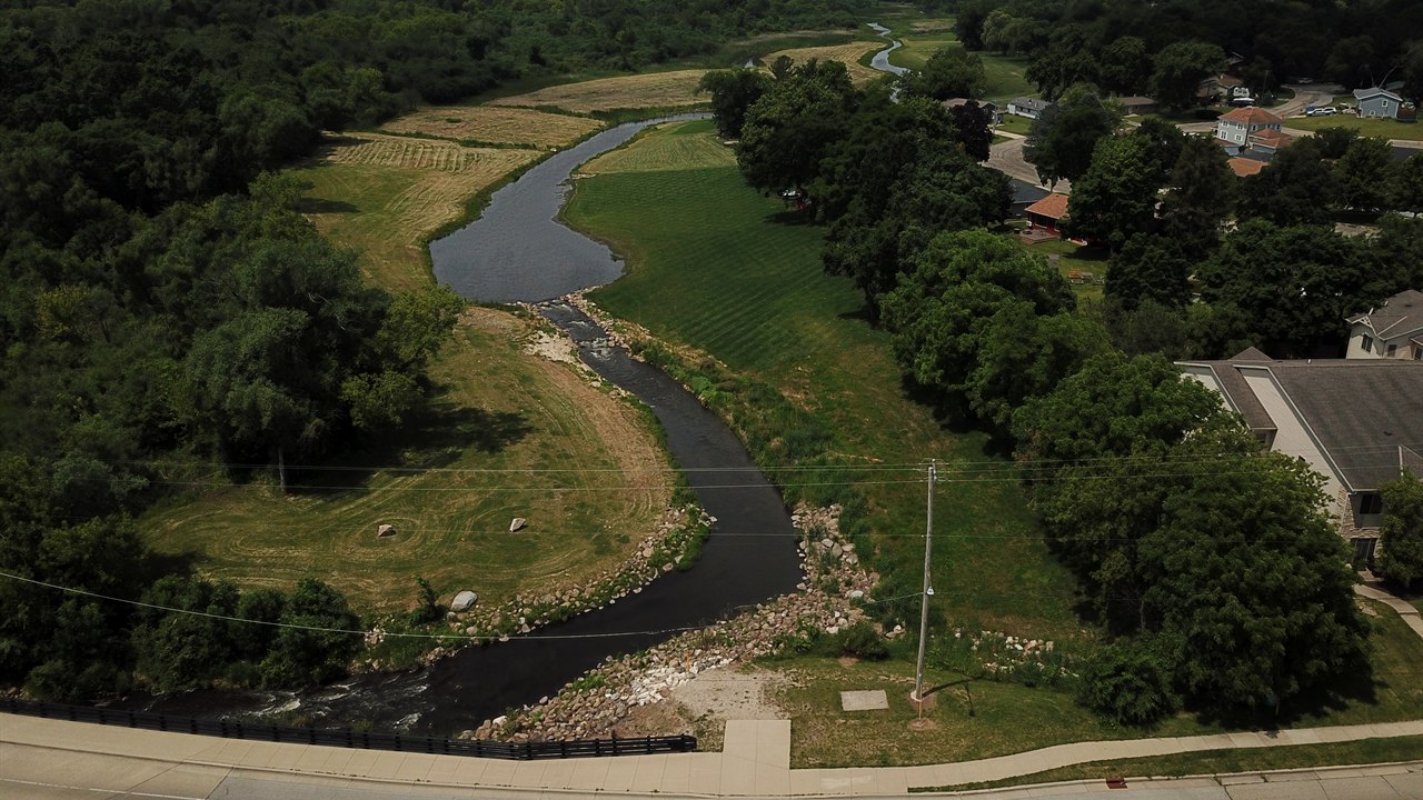 Aerial view of the restored free-flowing Honey Creek after the East Troy dam removal