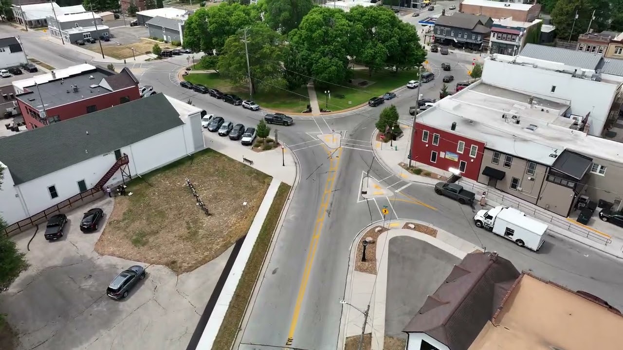 Aerial view of Main Street approaching the Historic Village Square in downtown East Troy