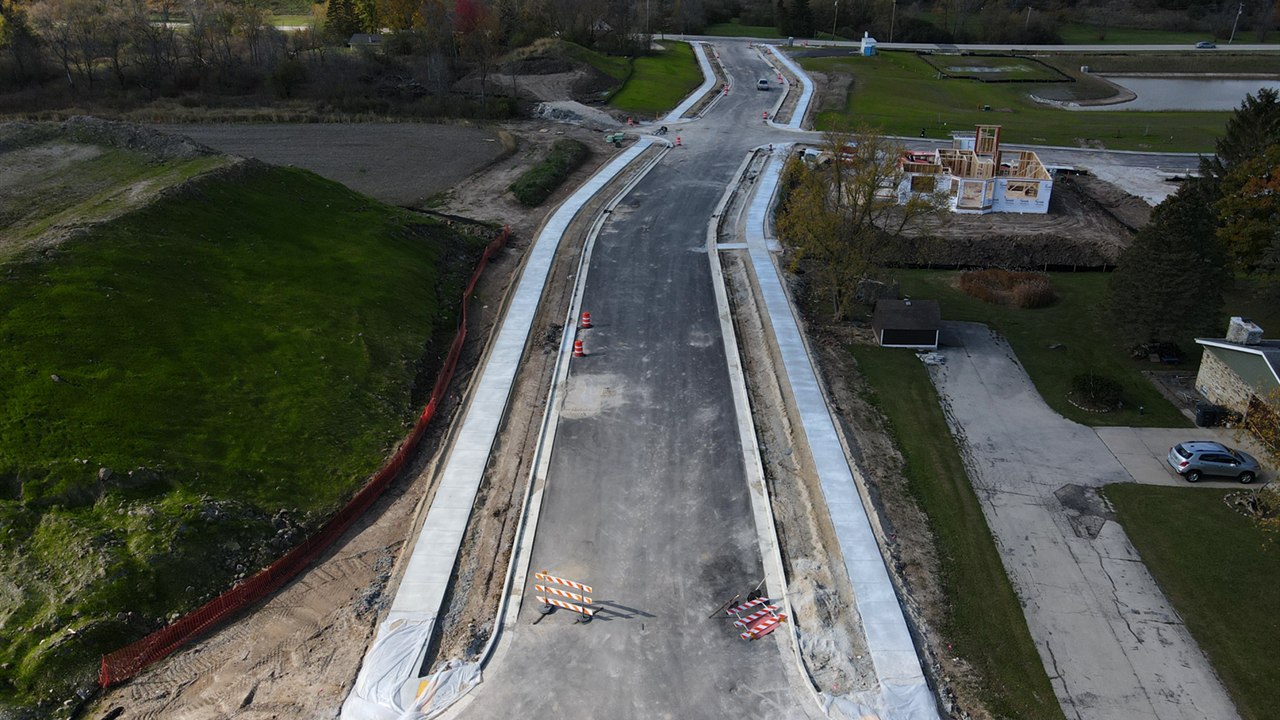 Aerial view of the Marquette Avenue reconstruction in Franklin with new curb, gutter, and sidewalk