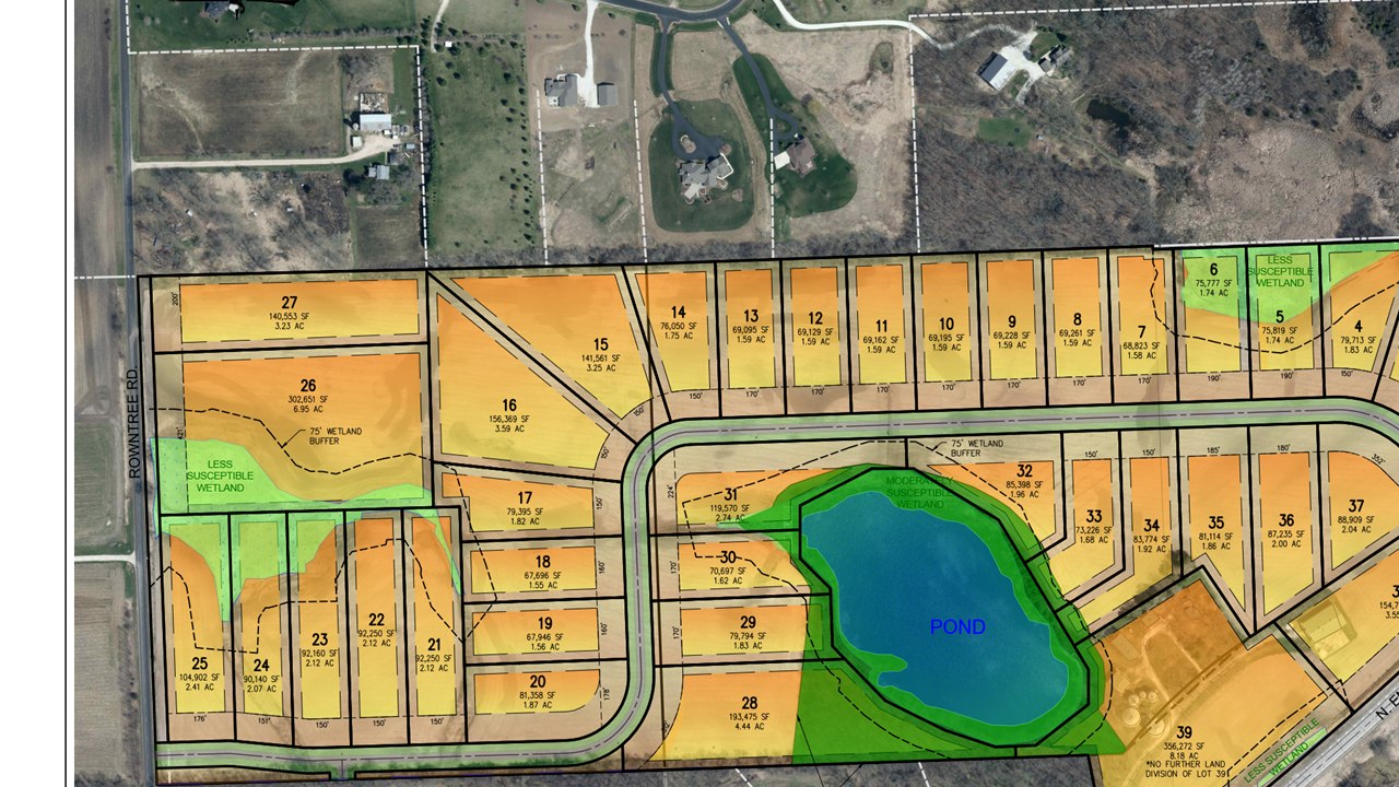 Oakmere Farm concept plan - 39 rural estate lots around a central pond in Rochester, WI