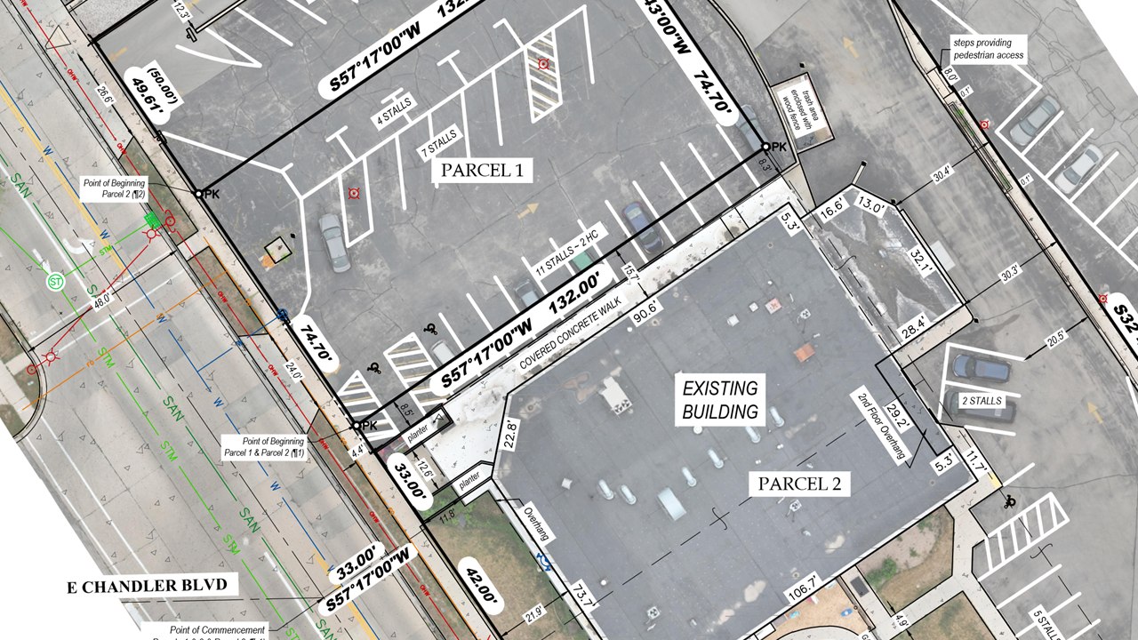 ALTA/NSPS Land Title Survey linework over aerial photo of the South Pine Street parcels in Burlington, Wisconsin