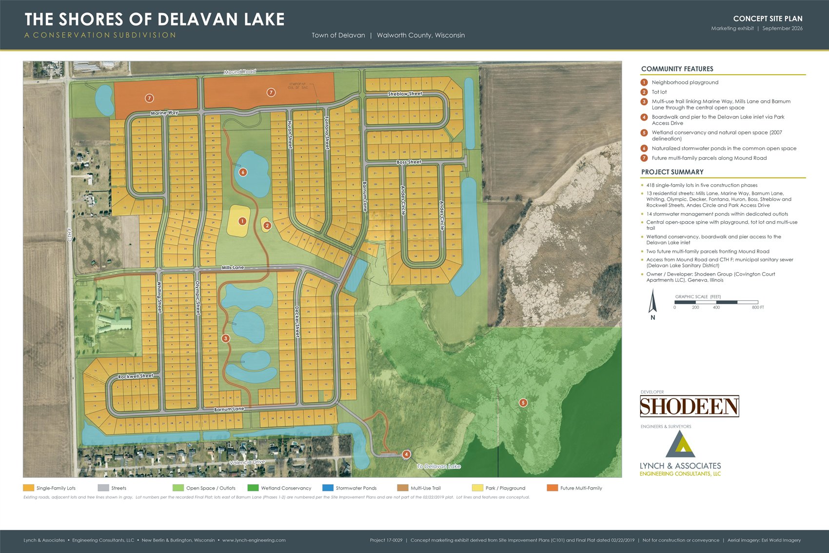 Concept site plan for The Shores of Delavan Lake showing 418 lots, stormwater ponds, and the wetland conservancy over aerial imagery